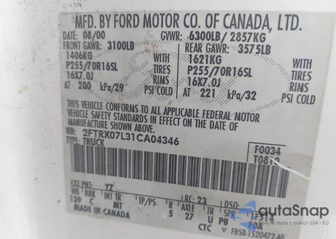 2001 Ford F-150 Lariat/Xl/Xlt from USA, damaged, VIN 2FTRX07L31CA04346